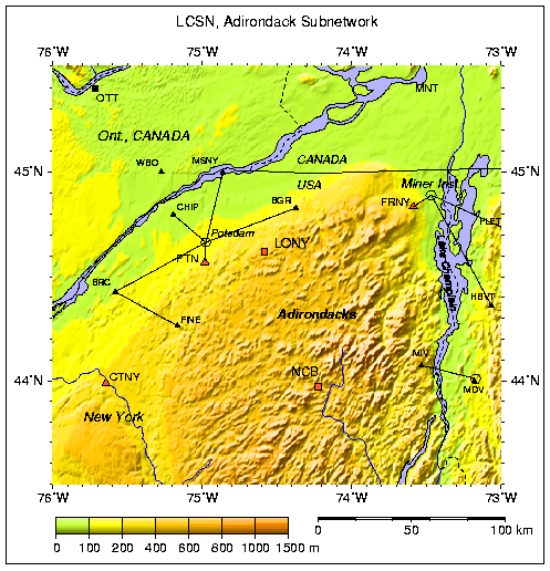 Map of LCSN stations in Adirondack Mountains