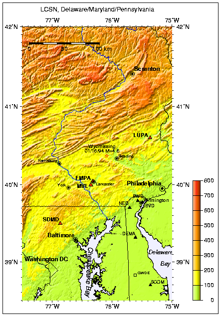 Map of LCSN stations in Delaware, Delaware, Maryland, Pennsylvania