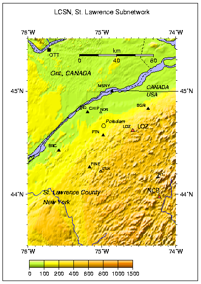 Map of LCSN stations in Adirondacks around SUNY, Potsdam