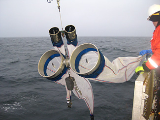 Researchers lower plankton-sampling nets into northern waters. (Beth Stauffer/Lamont-Doherty Earth Observatory)