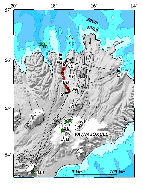 iceland volcanoes and glaciers. Map of eastern Iceland.