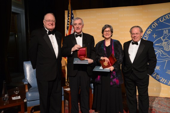 Columbia University Provost John H. Coatsworth, Jean Jouzel, Susan Solomon and Earth Institute executive director Steven Cohen at the Vetlesen Prize award dinner and ceremony.