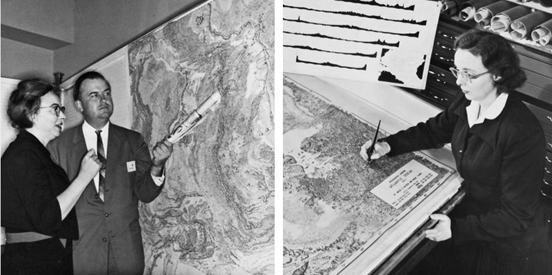 Left: Cartographer Marie Tharp and geophysicist Bruce Heezen. Right: Marie Tharp translated soundings collected at sea into the world’s first map of the Mid-Atlantic Ridge. The Heezen and Tharp Fracture Zones, a pair of fracture zones located in the South Pacific Ocean, are named for the late Heezen and Tharp, who together produced the first comprehensive map of the global seafloor in 1977.