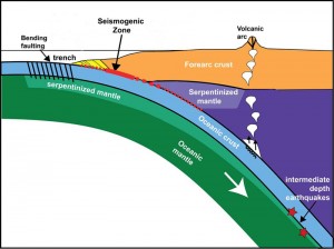 Off the Alaska Peninsula, the Pacific tectonic plate is bending beneath the North American plate. As it bends, ancient faults in certain areas are moving again and contributing to earthquakes. (Shillington, modified from Oleskevich et al., 1999)