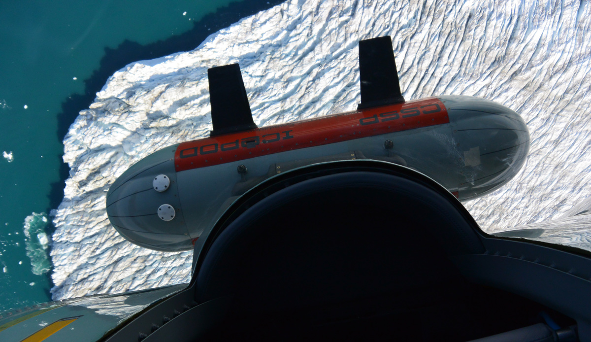 The IcePod, viewed from the door of a C-130 flying over Antarctica.