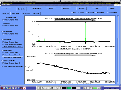 MBnavedit Towed Sonar Time Difference and Longitude Plots