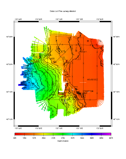High Intensity Color Bathymetry Plot with Contours