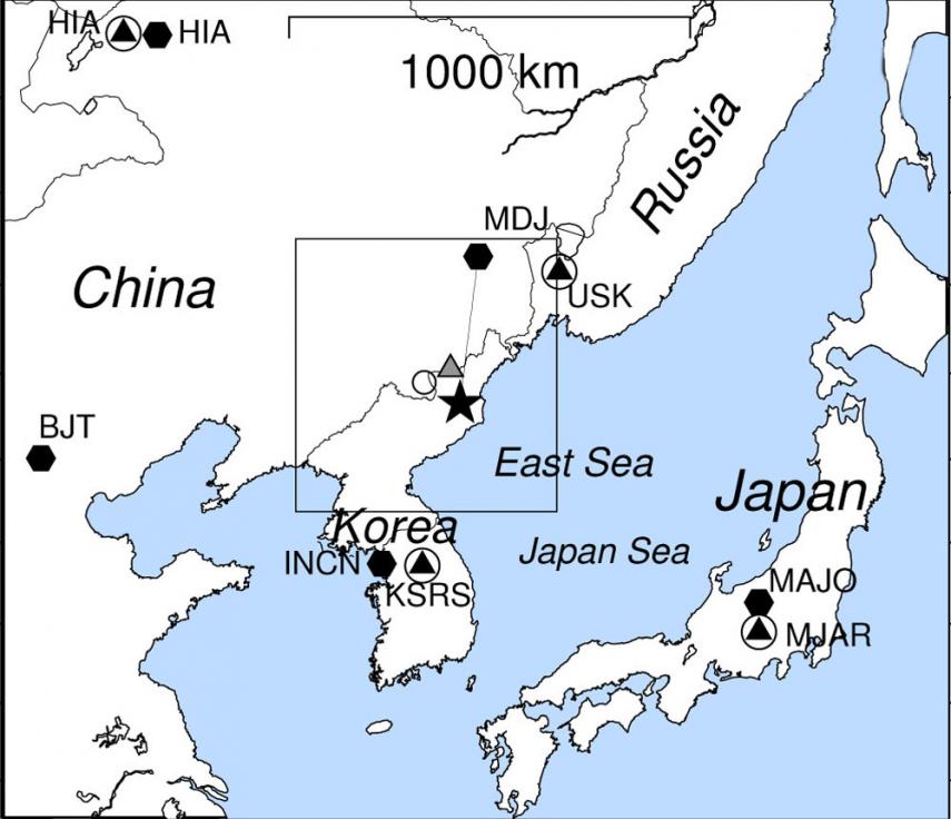 A 2017 nuclear bomb test at North Korea’s Mt. Mantap (star) set off subsequent earthquakes northwest of the test site over a period of 8 months. Seismic stations in Russia, China and South Korea picked up the tremors. (Courtesy Won-Young Kim/Lamont-Doherty Earth Observatory)