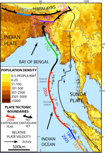 Bangladesh, Myanmar and eastern India (all near top) are bisected by an extension of the tectonic boundary that ruptured under the Indian Ocean in 2004, killing some 230,000 people. Known quakes along the boundary’s southern end are shown in different colors; the black sections nearer the top have not ruptured in historic times, but new research suggests they could.  (Michael Steckler/Lamont-Doherty Earth Observatory)