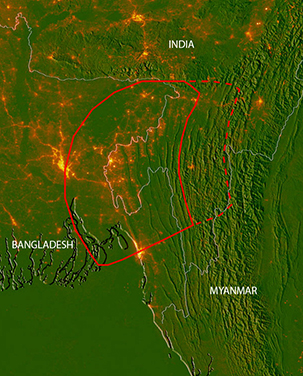 Potential quake zone. Solid red line indicates an area of about 24,000 square miles that could move during a subduction-zone earthquake, affecting 140 million people or more. The dashed line represents a scenario in which the slip might take place along a separate fault. (Chris Small/Lamont-Doherty Earth Observatory)