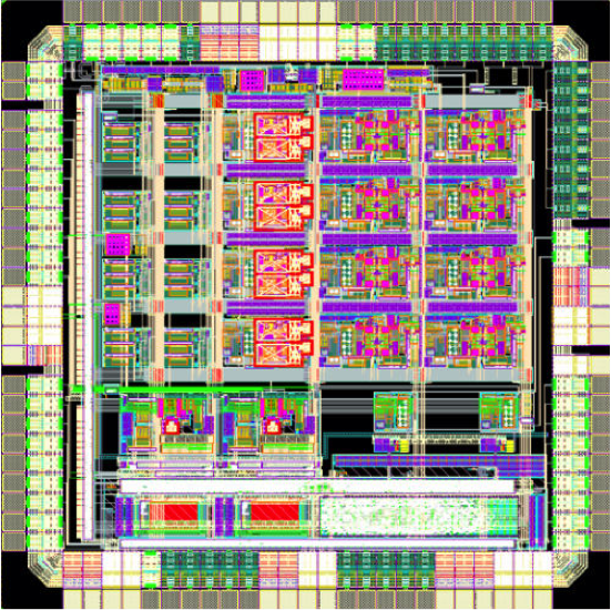 Engineers are experimenting with chip design to boost computer performance. In this layout of a chip developed at Columbia, analog and digital circuits are combined in a novel architecture to solve differential equations with extreme speed and energy efficiency. Image: Simha Sethumadhavan, Mingoo Seok and Yannis Tsividis/Columbia Engineering