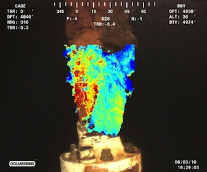 Flow from the damaged well June 3, 2010, overlain by image velocity field computed by optical plume velocimetry