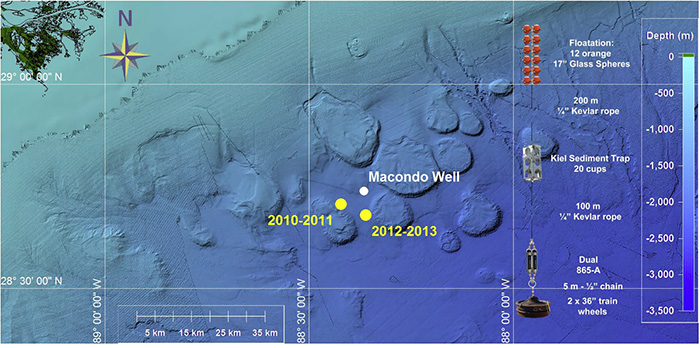 The sampling site and schematic of sediment trap array deployed in 2010/2011 and 2012/2013, with NOAA Okeanos Explorer bathymetry data included.