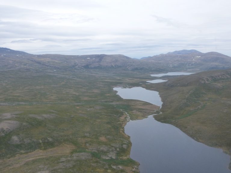 Flying over a series of paternoster lakes, or a series of small interconnected glacial lakes, as we head to camp. (M. Turrin)