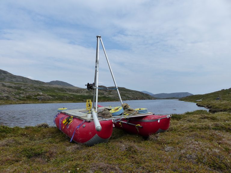 The pontoon boat that holds the coring platform was inflated and constructed ready to be put into action. (M. Turrin)