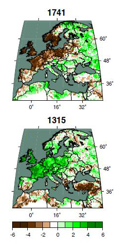 Maps from a new 2,000-year drought atlas show rainfall conditions over the whole continent, and much of the Mediterranean. A chart for 1741 shows severe drought (brown areas) running from Ireland into central Europe and beyond. A chart for the year 1315 shows the opposite problem—too much rain (dark green areas), which made farming almost impossible. (Cook et al., Science Advances, 2015)