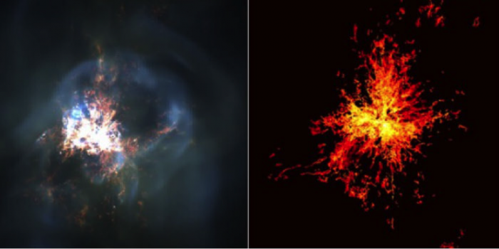 Modeling natural processes requires massive computer power. At the center of the distant Perseus cluster of galaxies, a black hole is driving the cyclic heating and cooling of gases. In this simulation, hot gases emitting X-ray light (left) are juxtaposed against the cooling phase (right). It took a supercomputer 200 hours to produce this simulation. Image: Greg Bryan and Yuan Li/Department of Astronomy