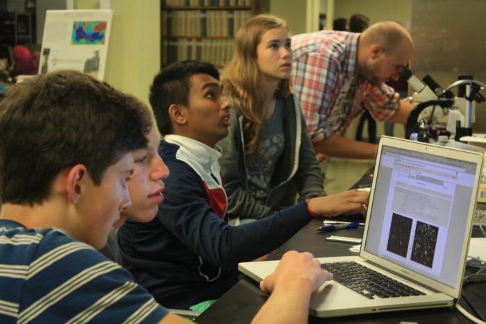 Four interns worked with Billy D’Andrea in Lamont’s Core Repository this summer. Left to right: Addison Bent, Evan Lipton, Siddhartha Das, Rebecca Holt and Billy D’Andrea. Photo: Rebecca Fowler