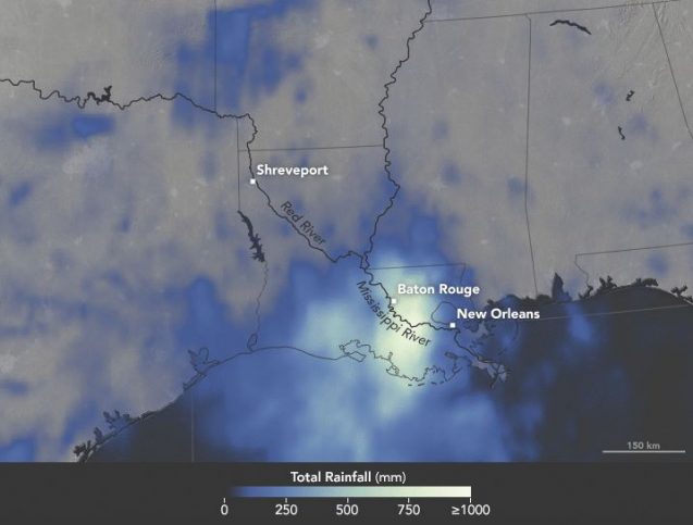 Click to see map in animation, showing satellite-based measurements of the rainfall totals every three hours over the span of 72 hours from August 12-14, 2016. These rainfall totals are regional, remotely-sensed estimates, and local amounts can be significantly higher when measured from the ground. Image: NASA