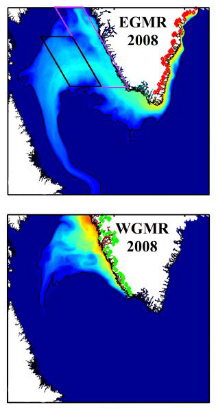 Tracers released with meltwater runoff at the red and green dots show where meltwater flowed in 2008 after leaving Greenland’s East Coast (EGMR) and West Coast (WGMR). Image: Luo et al., 2016