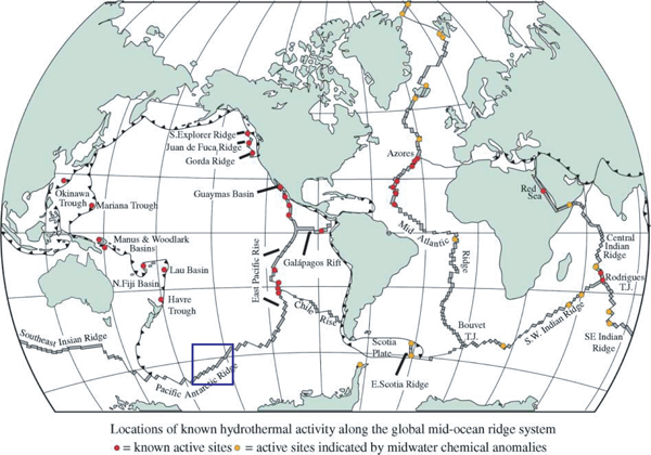 The Pacific Antarctic Ridge may be the least-studied of the underwater volcanic mountains that crisscross the globe. Blue square indicates suspected vents.