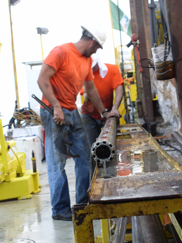 Drill crews work 24 hours a day, seven days a week to dig into the Dead Sea floor..