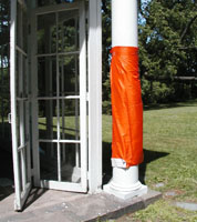 Orange flag on corner of Lamont Hall.