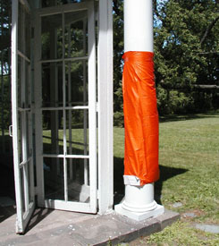 Orange flag on corner of Lamont Hall.